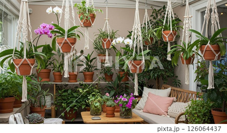 Lush home oasis with many plants, hanging pots creating green oasis. Cozy oasis 126064437