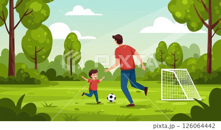 Father son play soccer in park, happy family activity strengthens bond. Fun activity 126064442