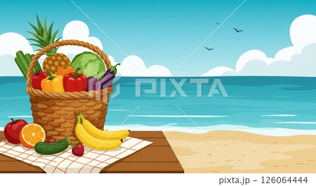 Beach picnic features fresh fruit, vegetable basket by sea. Healthy picnic feast 126064444