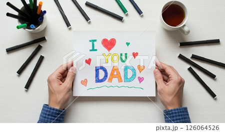 Hands hold child is drawing I love you Dad. Pure love from kid, happy love 126064526