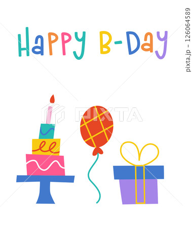 Flat cartoon birthday greeting card in childlike style with cute vector illustrations of cake with candle, balloon, gift and colorful Happy Birthday lettering. Fun playful design for kids celebration 126064589