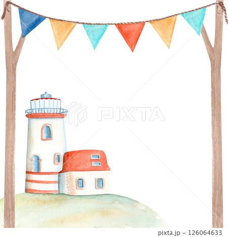 Lighthouse flag garland stretched between two poles watercolor illustration on white. Hand painted clip art ideal for cards, banners, posters, events decor and design. Tourism, travel, voyage design 126064633