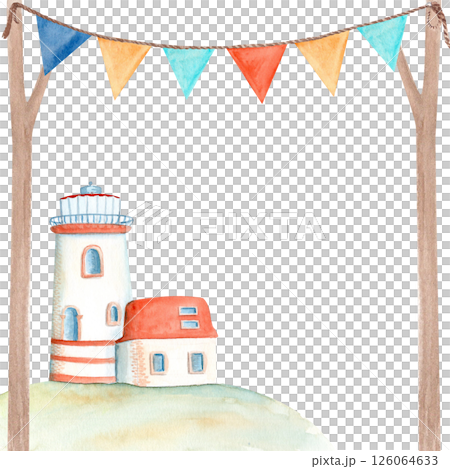 Lighthouse flag garland stretched between two poles watercolor illustration on white. Hand painted clip art ideal for cards, banners, posters, events decor and design. Tourism, travel, voyage design 126064633