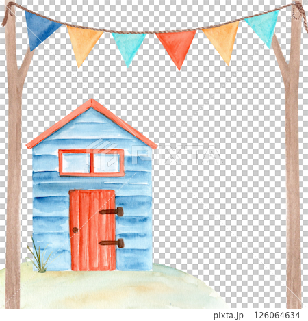 Wooden cabin, flag garland stretched between two poles on white background. High quality watercolor illustration perfect for cards, decor, children's room design. Cute decorative hut. Blue house red Wooden cabin, flag garland stretched between two poles on white background. High quality watercolor illustration perfect for cards, decor, children's room design. Cute decorative hut. Blue house red 126064634