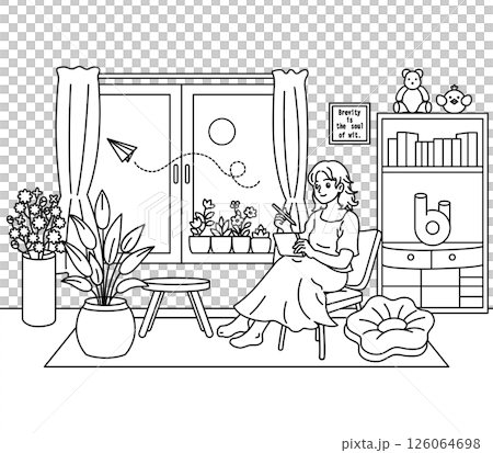 Black and white illustration of a woman sitting on a chair and holding a tablet Black and white illustration of a woman sitting on a chair and holding a tablet 126064698