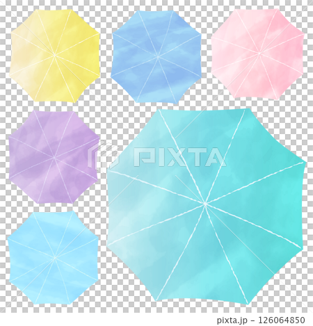Watercolor umbrella illustrations: A set of colorful umbrellas seen from above Watercolor umbrella illustrations: A set of colorful umbrellas seen from above 126064850