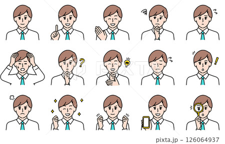 表情とポーズで感情を表すビジネススーツを着用した男性のイラストセット 126064937
