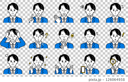 插圖集：一位身穿西裝的男士透過臉部表情和姿勢表達情緒 126064938