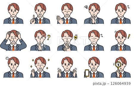 表情とポーズで感情を表すビジネススーツを着用した男性のイラストセット 126064939