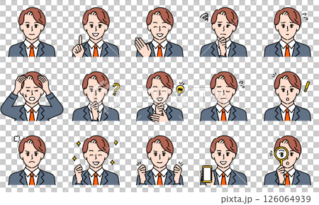 表情とポーズで感情を表すビジネススーツを着用した男性のイラストセット 126064939