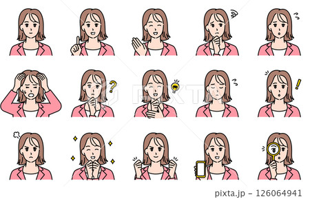 表情とポーズで感情を表すビジネススーツを着用した女性のイラストセット 表情とポーズで感情を表すビジネススーツを着用した女性のイラストセット 126064941