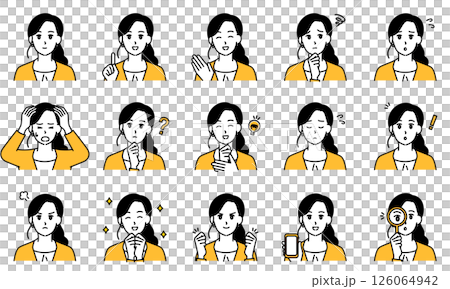 商務休閒女性透過臉部表情和姿勢表達情緒的插畫集 126064942