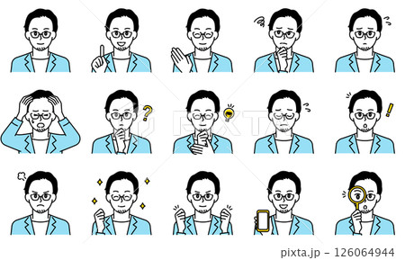 表情とポーズで感情を表すビジネスカジュアルな男性のイラストセット 126064944