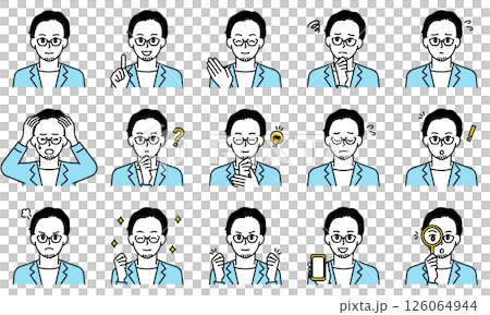 商務休閒男士透過臉部表情和姿勢表達情緒的插畫集 商務休閒男士透過臉部表情和姿勢表達情緒的插畫集 126064944