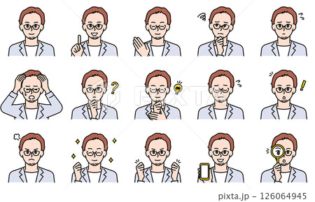 表情とポーズで感情を表すビジネスカジュアルな男性のイラストセット 126064945