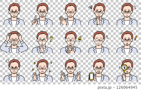 表情とポーズで感情を表すビジネスカジュアルな男性のイラストセット 126064945
