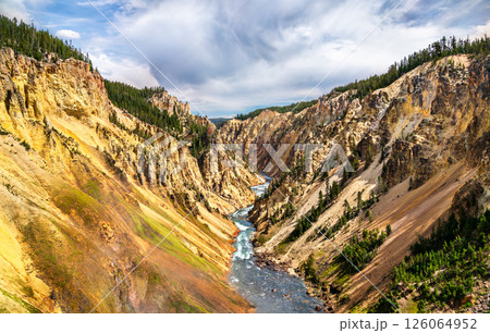 Colorful cliffs and winding river carve through the dramatic Grand Canyon of the Yellowstone, showcasing geothermal hues and rugged terrain in Yellowstone National Park, Wyoming, United States Colorful cliffs and winding river carve through the dramatic Grand Canyon of the Yellowstone, showcasing geothermal hues and rugged terrain in Yellowstone National Park, Wyoming, United States 126064952