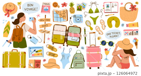 Summer set of flat cartoon illustrations on womens travel and solo vacation theme. Stylish girls with suitcase, vintage luggage, maps, camera, flight accessories, resort essentials vector collection 126064972