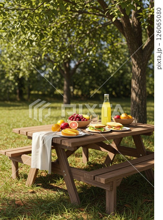 Garden picnic table laden with fruit, sandwiches under sunny trees. Relaxing picnic lunch 126065080