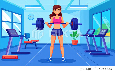 Cartoon female athlete lifting barbell in gym setting, showcasing fitness and strength 126065283