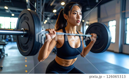 Female athlete performs barbell shoulder press in fitness studio, showcasing strength and focus 126065313