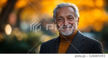 A senior gentleman in a tailored blazer and turtleneck enjoys an outdoor stroll in a lush park A senior gentleman in a tailored blazer and turtleneck enjoys an outdoor stroll in a lush park 126065455