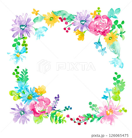 水彩画。水彩タッチのカラフルな春の花びらフレーム。色鮮やかな花のベクターイラスト。 126065475