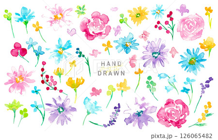 水彩画。水彩タッチのカラフルな春の花びらフレーム。色鮮やかな花のベクターイラスト。 126065482