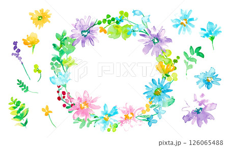水彩画。水彩タッチのカラフルな春の花びらフレーム。色鮮やかな花のベクターイラスト。 126065488