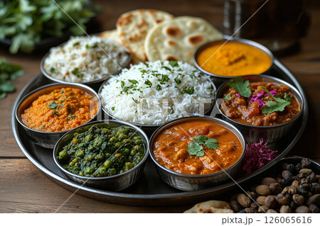 an Indian thali, with a variety of colorful curries, dal, rice, roti, and pickles, served on a traditional metal platter, surrounded by spices and herbs, warm natural light illuminating the table 126065616