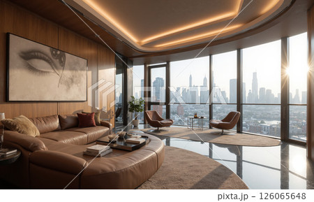 A mocha mousse-colored luxury penthouse with panoramic windows, offering stunning views of the city skyline. The glossy, modern design 126065648