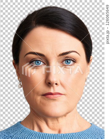 Middle-aged woman with straight dark hair and light blue eyes, a thoughtful look. She wears a cozy sweater and simple 126065649