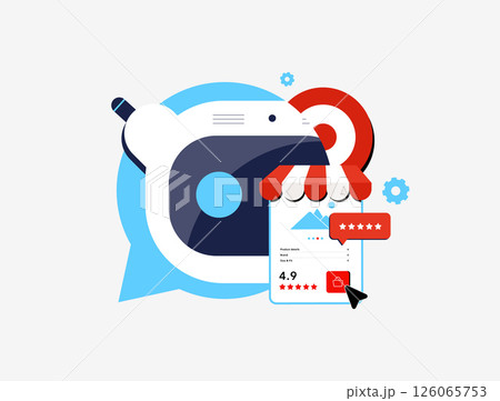 E-commerce AI personalization - vector illustration of personalized product recommendations, AI-driven shopping experience, and e-commerce customer behavior analytics for online retail platforms 126065753