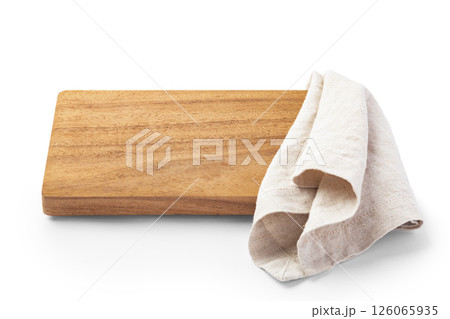 Wood board with natural linen table cloth isolated on white background 126065935