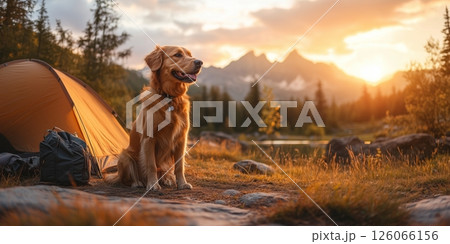 a happy dog sitting by a tent at sunrise, surrounded by camping gear, with a scenic mountain backdrop and copy space on the right, warm golden light 126066156