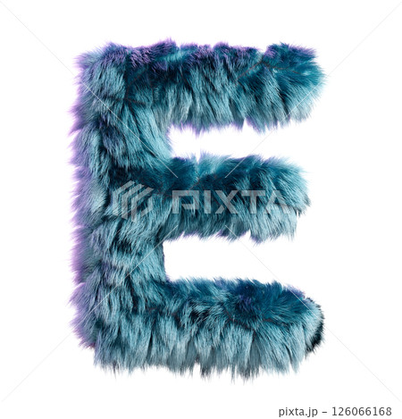 Furry Blue Letter E Isolated on White Background in Creative 3D Design Style 126066168