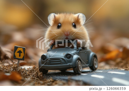A hamster is playfully riding a miniature toy car, speeding down a cozy, fun road 126066359