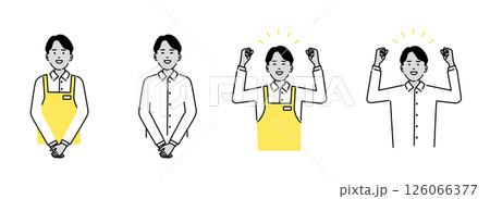 外国人若者スタッフの笑顔とやる気を表現したイラスト素材(制服・私服・ガッツポーズ) 外国人若者スタッフの笑顔とやる気を表現したイラスト素材(制服・私服・ガッツポーズ) 126066377