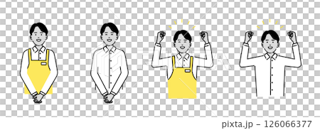 外国人若者スタッフの笑顔とやる気を表現したイラスト素材(制服・私服・ガッツポーズ) 外国人若者スタッフの笑顔とやる気を表現したイラスト素材(制服・私服・ガッツポーズ) 126066377