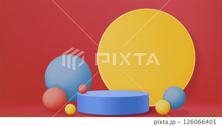 Red blue yellow geometric shapes with podium Red blue yellow geometric shapes with podium 126066401