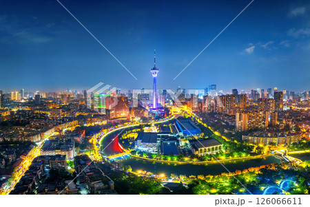 Aerial view of Chengdu city at night, China. 126066611