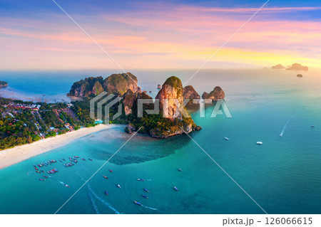 Aerial shots of Railey Beach at sunset, Krabi, Thailand. Aerial shots of Railey Beach at sunset, Krabi, Thailand. 126066615