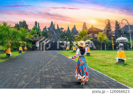Women tourists walking at Besakih temple in Bali, Indonesia. 126066623