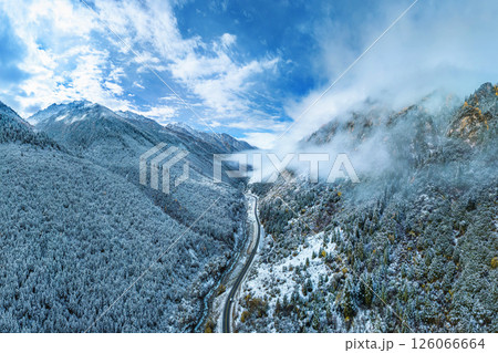 Aerial shots of Mountains covered by snow in winter, Sichuan in China. 126066664