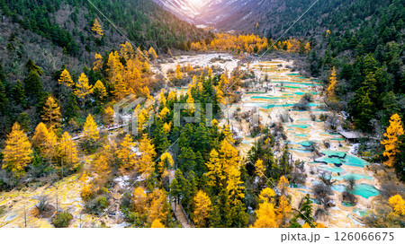 Aerial shots of Huanglong national park in autumn, China. Aerial shots of Huanglong national park in autumn, China. 126066675