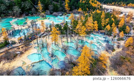 Aerial shots of Huanglong national park in autumn, China. Aerial shots of Huanglong national park in autumn, China. 126066676