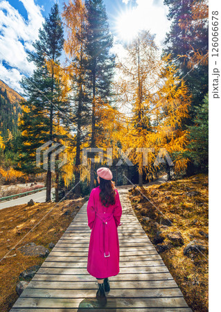 Tourist walking at Siguniangshan in autumn, Sichuan in China. Tourist walking at Siguniangshan in autumn, Sichuan in China. 126066678