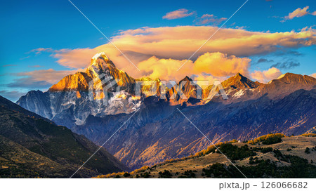 Aerial view of Siguniangshan at sunset, Sichuan in China. 126066682