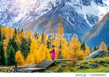Tourist walking at Siguniangshan in autumn, Sichuan in China. 126066683
