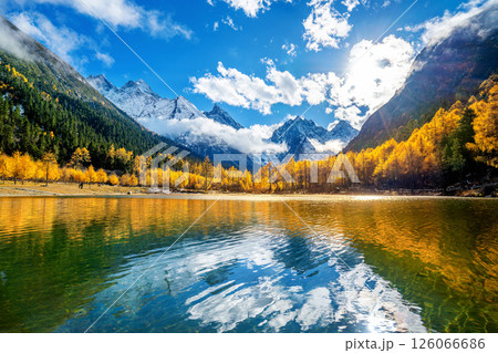 Bipenggou national park with snow mountains in autumn, Sichuan in China. 126066686